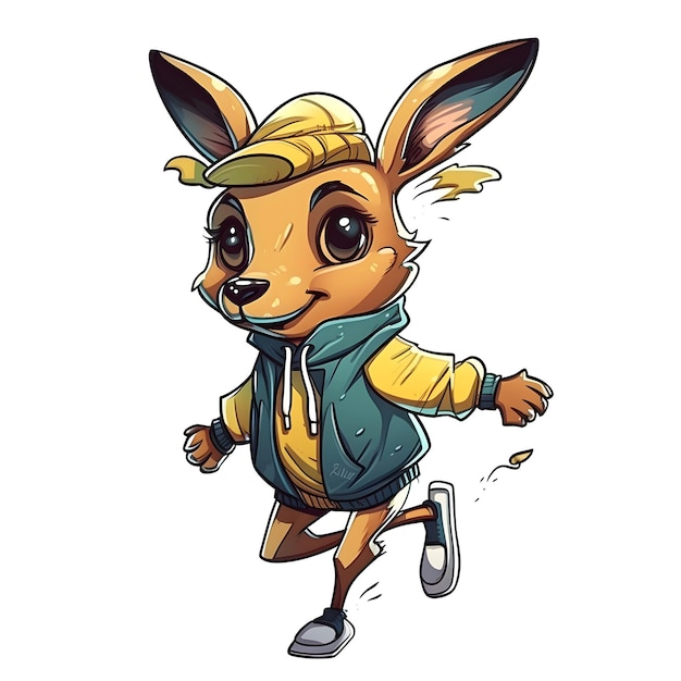 Un canguro dei cartoni animati che indossa una felpa con cappuccio e una felpa con la scritta "canguro".