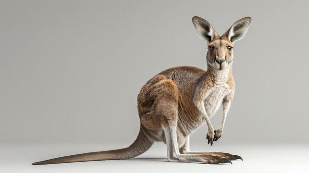 Un canguro è in piedi su uno sfondo bianco il canguro sta guardando la telecamera ha la pelliccia marrone e una lunga coda