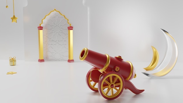 Un cannone rosso e oro davanti a una porta bianca.