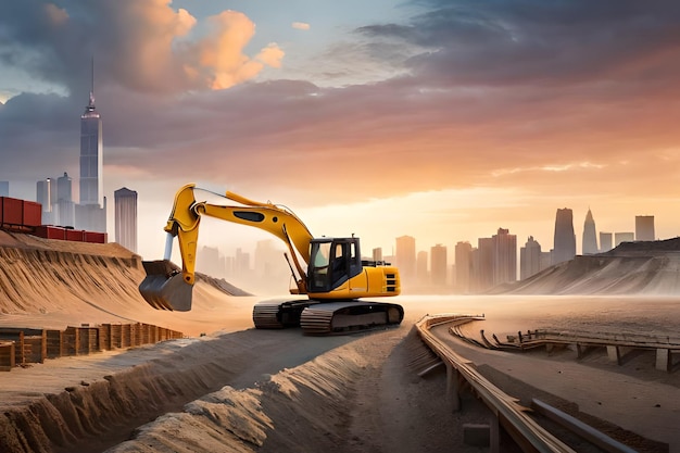 Un cantiere con un escavatore giallo sullo sfondo di un paesaggio urbano.