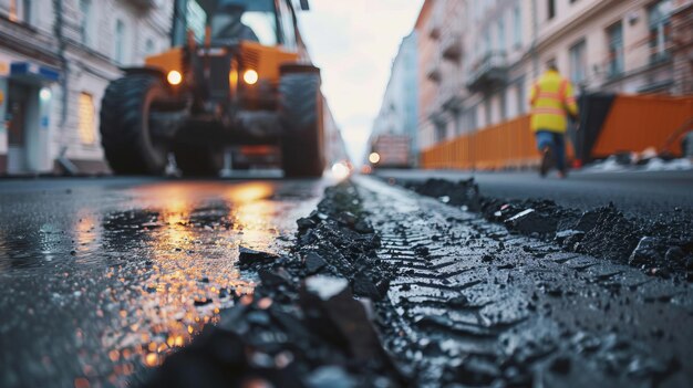 Un cantiere con un grande trattore arancione e un uomo in giubbotto giallo