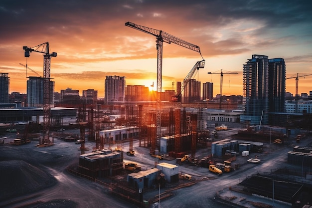 Un cantiere con una gru in primo piano e un tramonto sullo sfondo.