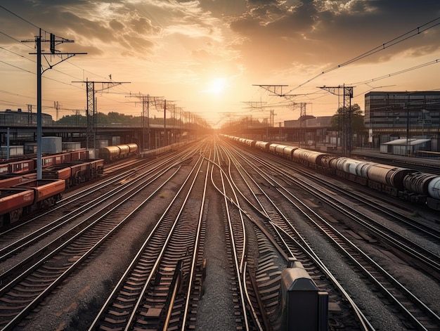 Un cantiere ferroviario con un tramonto sullo sfondo