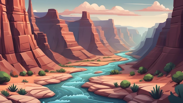 Un canyon con un fiume e delle montagne.