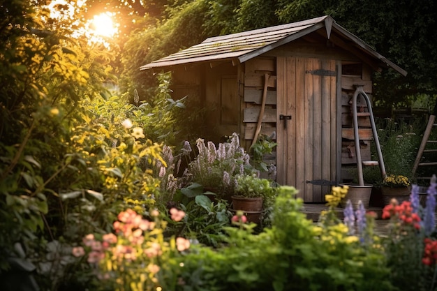 un capanno di legno rustico annidato in mezzo a un giardino lussureggiante e fiorente