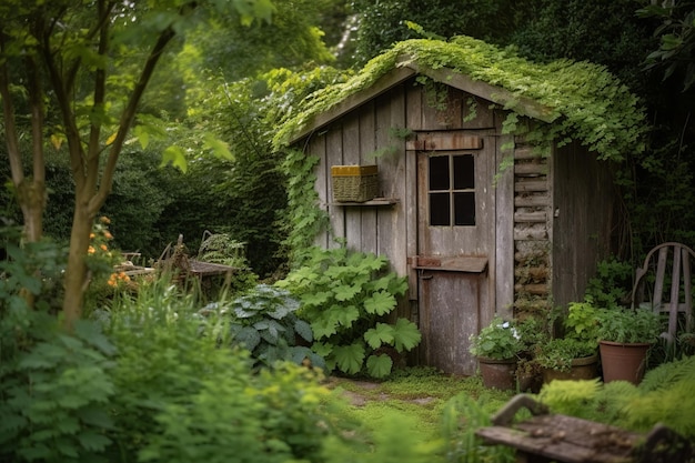 un capanno di legno rustico annidato in mezzo a un giardino lussureggiante e fiorente