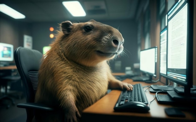 Un capibara intellettuale in una sedia a una scrivania che guarda un computer in un ambiente d'ufficio