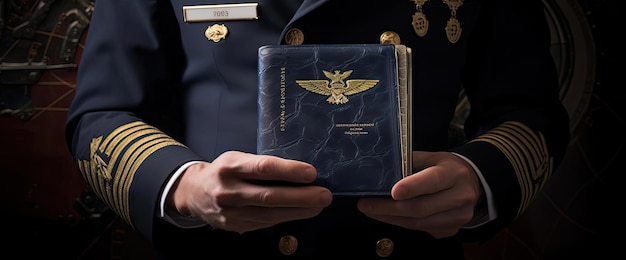 un capitano dell'aereo con in mano un passaporto con un logo in stile blu scuro e oro