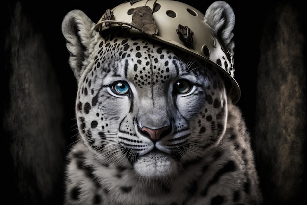 Un capo leopardo delle nevi con cappello e occhi azzurri