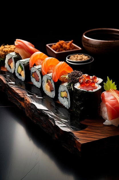 Un capolavoro culinario si svolge mentre una serie di creazioni di sushi adornano un piatto laccato