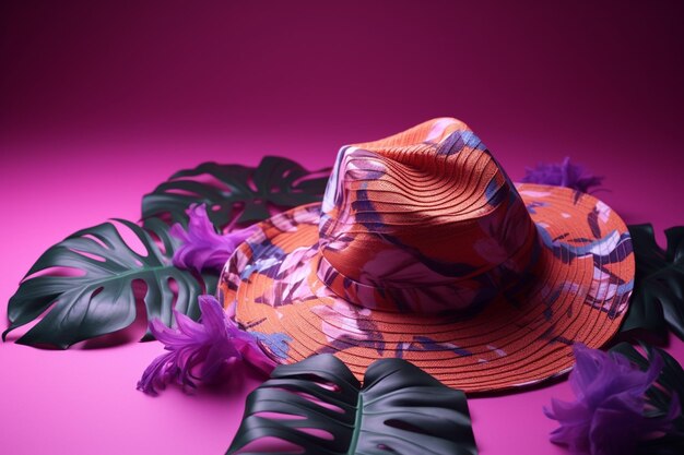 Un cappello colorato con sopra una foglia tropicale