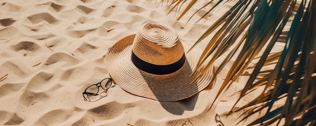 Un cappello con una fascia nera è seduto sulla sabbia