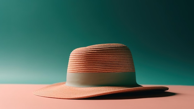 Un cappello con una fascia rosa su di esso si trova su uno sfondo verde.