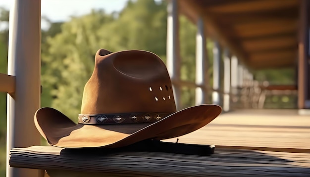 Un cappello da cowboy e stivali appoggiati su una ringhiera del portico