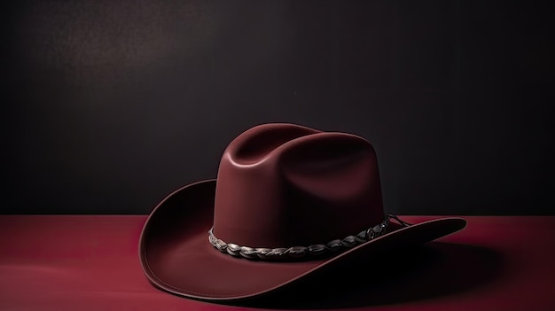 Un cappello da cowboy marrone si siede su un tavolo rosso.