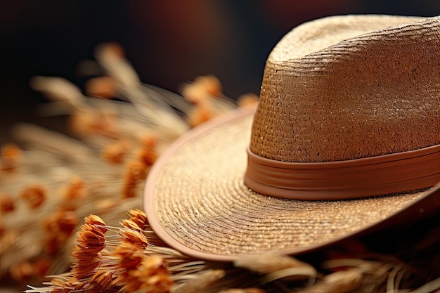 Un cappello da cowgirl in paglia. La messa a fuoco cade leggermente nella parte posteriore