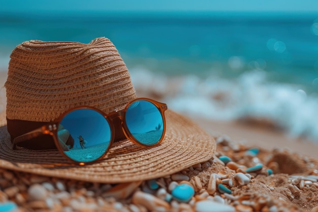 Un cappello da sole e un paio di occhiali da sole alla moda giacciono sulla spiaggia sabbiosa che simboleggia il tempo libero e l'estate