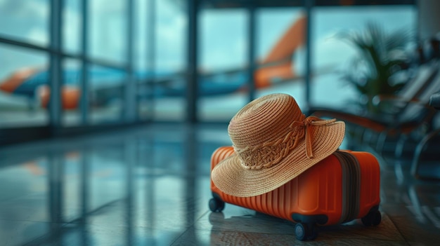 Un cappello da sole su una piccola valigia su ruote nella sala dell'aeroporto