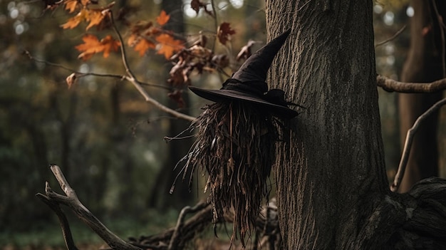 Un cappello da strega pende da un albero nel bosco.