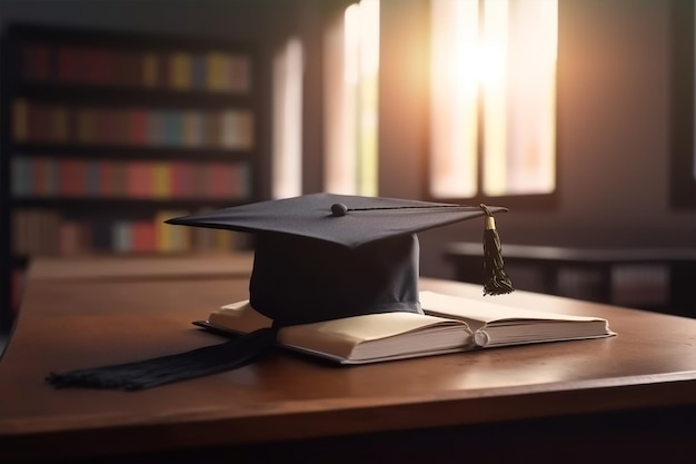 Un cappello di laurea si trova su una scrivania in una biblioteca.