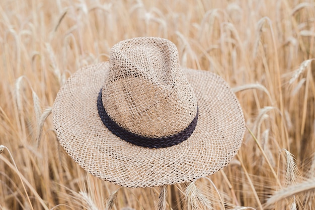 Un cappello di paglia beige giace sulle spighe di grano. Campo di grano. Astratto sfondo rurale.