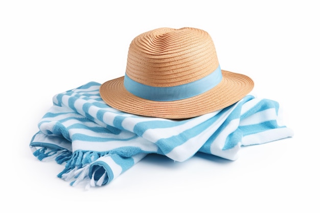 Un cappello di paglia chic, sinonimo di moda estiva, su uno sfondo bianco che evoca visioni di vacanze al mare