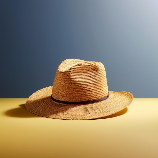 un cappello di paglia con un cappello di paglia su un tavolo.