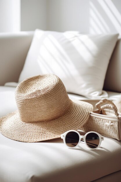 Un cappello di paglia e occhiali da sole sono su un letto in una stanza d'albergo.