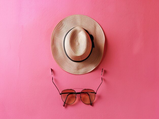 un cappello di paglia e occhiali da sole su una parete rosa
