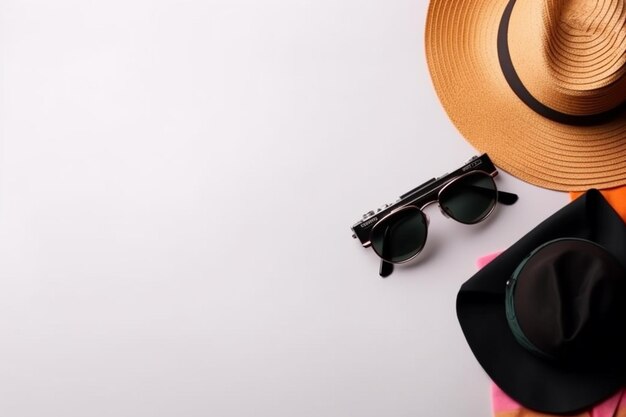 Un cappello e occhiali da sole su uno sfondo bianco