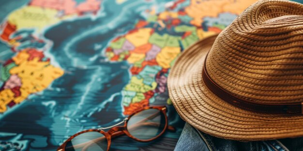 Un cappello e un paio di occhiali sono su una mappa del mondo