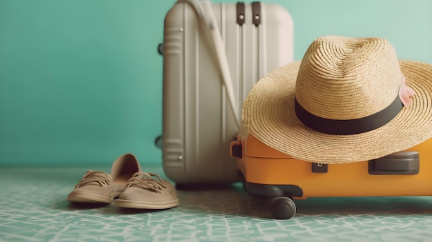 Un cappello giallo e una valigia gialla sono accanto a una valigia.