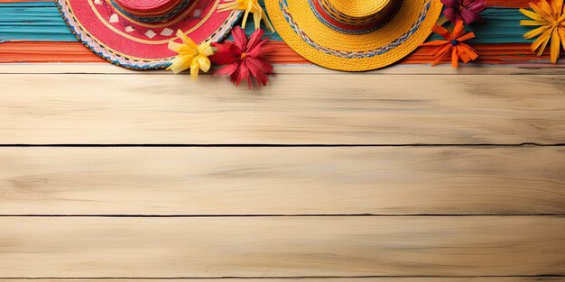 un cappello messicano e decorazioni messicane colorate con un posto per il testo su uno sfondo di legno bianco
