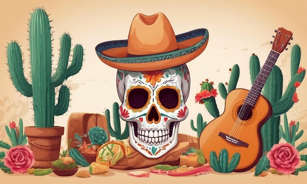 Un cappello messicano e un teschio con un cactus.