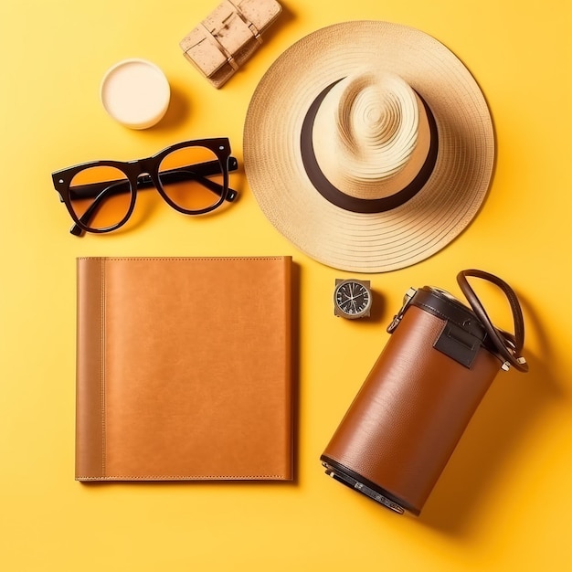 Un cappello, occhiali, un libro, una macchina fotografica, una borsa, una macchina fotografica, una macchina fotografica, una borsa, un cappello e un libro su sfondo giallo.