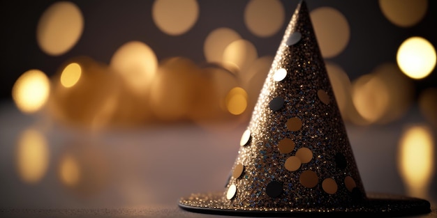 Un cappello oro e nero con glitter dorati è seduto su un tavolo.