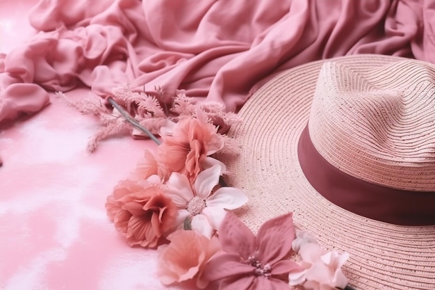 Un cappello rosa con fiori su di esso si trova su un letto.