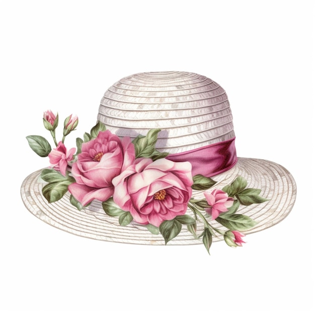 Un cappello rosa con un nastro rosa e un nastro rosa attorno alla tesa del cappello.