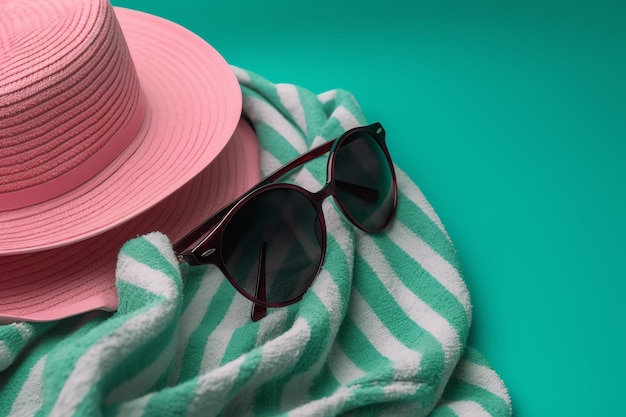 Un cappello rosa e un cappello rosa su un asciugamano a strisce verdi e bianche.