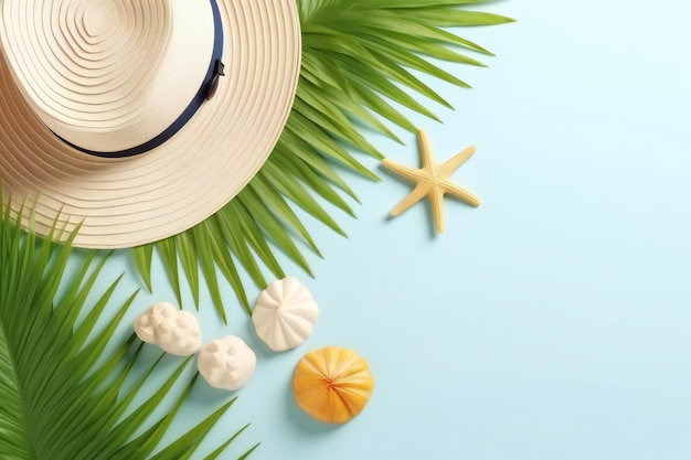 Un cappello su sfondo blu con una foglia di palma e una stella marina sulla spiaggia