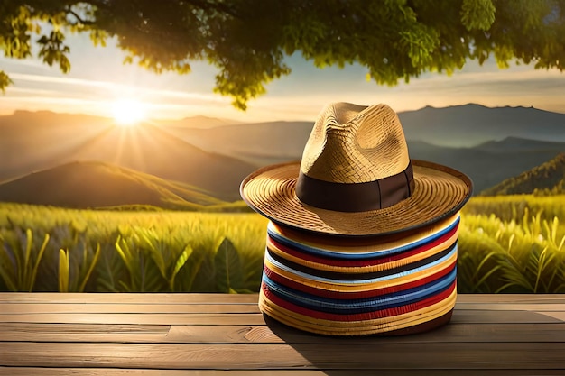 Un cappello su un tavolo con una montagna sullo sfondo