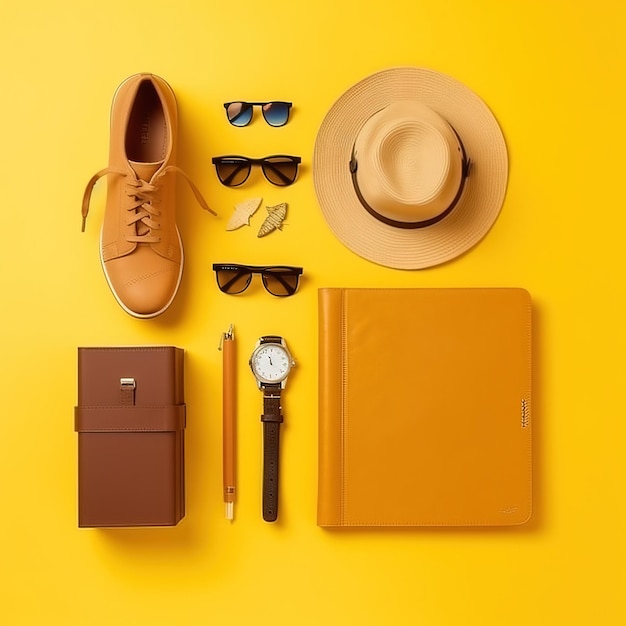 Un cappello, un orologio, occhiali da sole e un libro sono disposti su uno sfondo giallo.