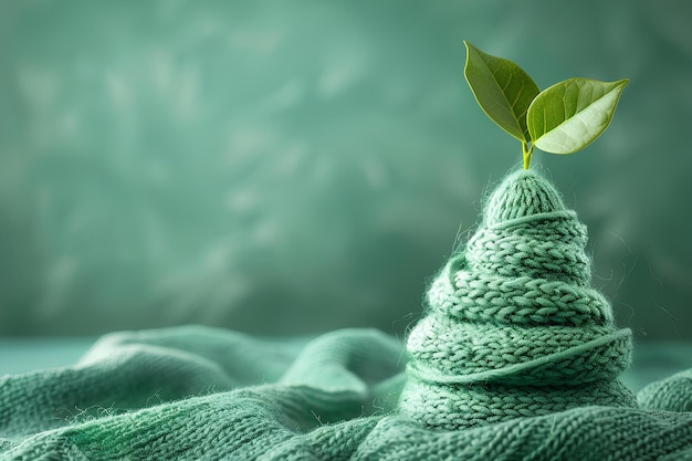 Un cappello verde a maglia con una foglia che ne esce