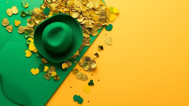 Un cappello verde con monete d'oro su sfondo giallo