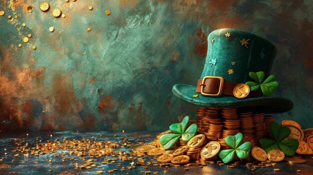 Un cappello verde di Leprechaun e monete d'oro spiccano sulla superficie il giorno di San Patrizio