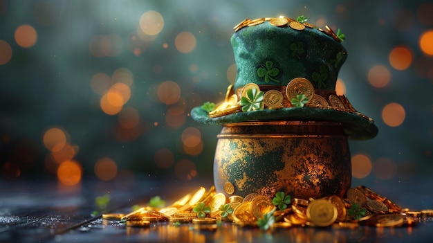 Un cappello verde di Leprechaun e monete d'oro spiccano sulla superficie il giorno di San Patrizio