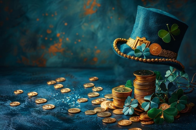 Un cappello verde di Leprechaun e monete d'oro spiccano sulla superficie il giorno di San Patrizio