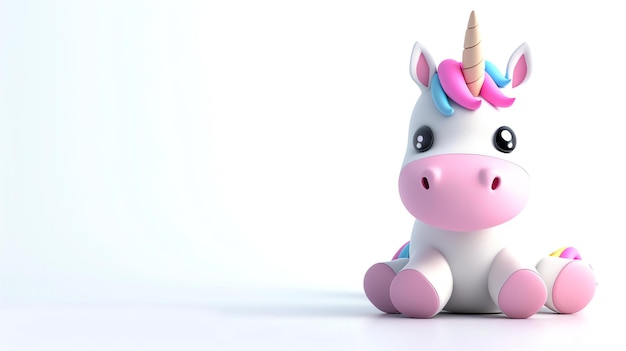 Un capriccioso rendering 3D di un carino unicorno con una criniera arcobaleno pastello in piedi con grazia su uno sfondo bianco sereno Perfetto per aggiungere un tocco di magia a qualsiasi progetto