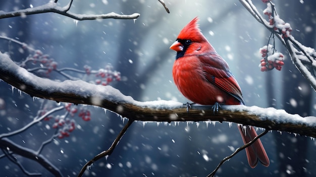 un cardinale si siede su un ramo nella neve
