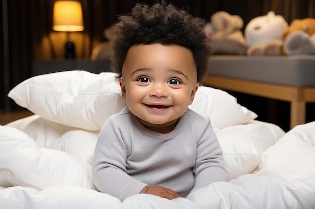Un carino bambino afroamericano su un letto
